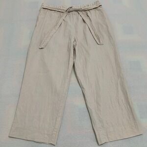 Anne Klein Wide Leg Pants Women's‎ L Beige Pull On Tie Waist Shimmer Linen Blend